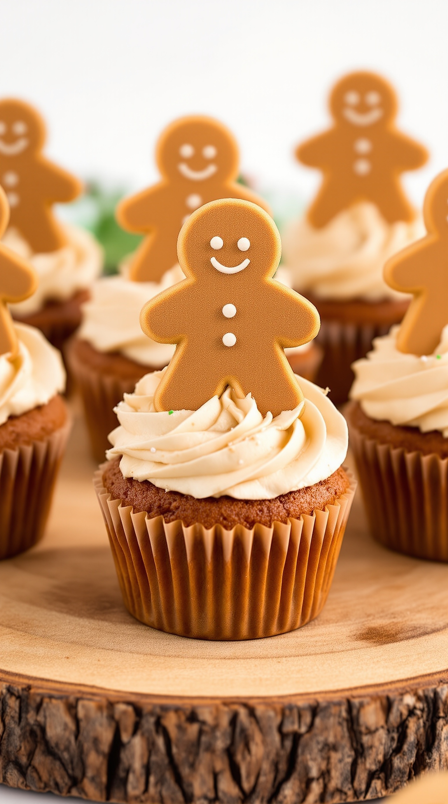 Gingerbread cupcakes with gingerbread cookie toppers on a wooden platter