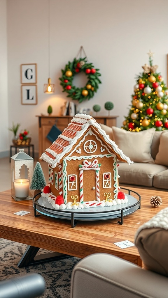 A beautifully decorated gingerbread house centerpiece on a coffee table, surrounded by festive decor.