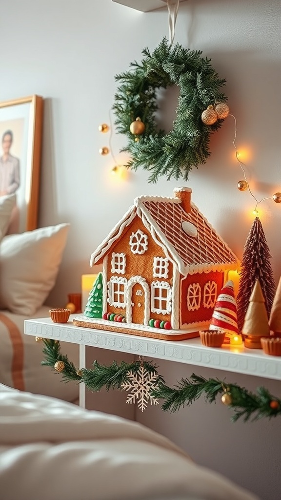 A cozy Christmas bedroom decor featuring a gingerbread house, wreath, and festive decorations.
