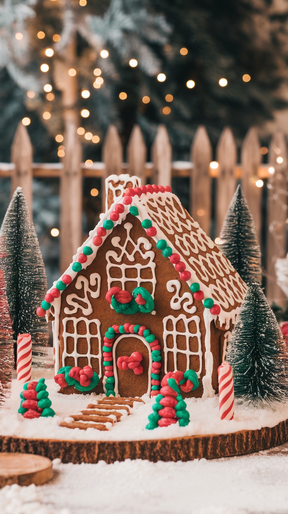 A beautifully decorated gingerbread house with colorful icing and candy, surrounded by evergreen trees and candy canes.