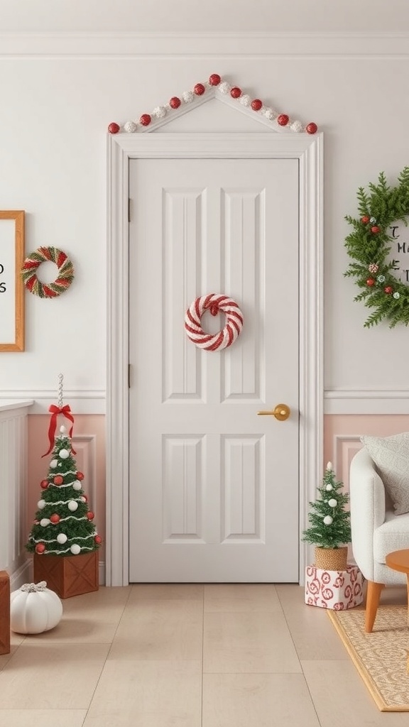 A festive door decorated to resemble a gingerbread house with candy decorations and small Christmas trees.