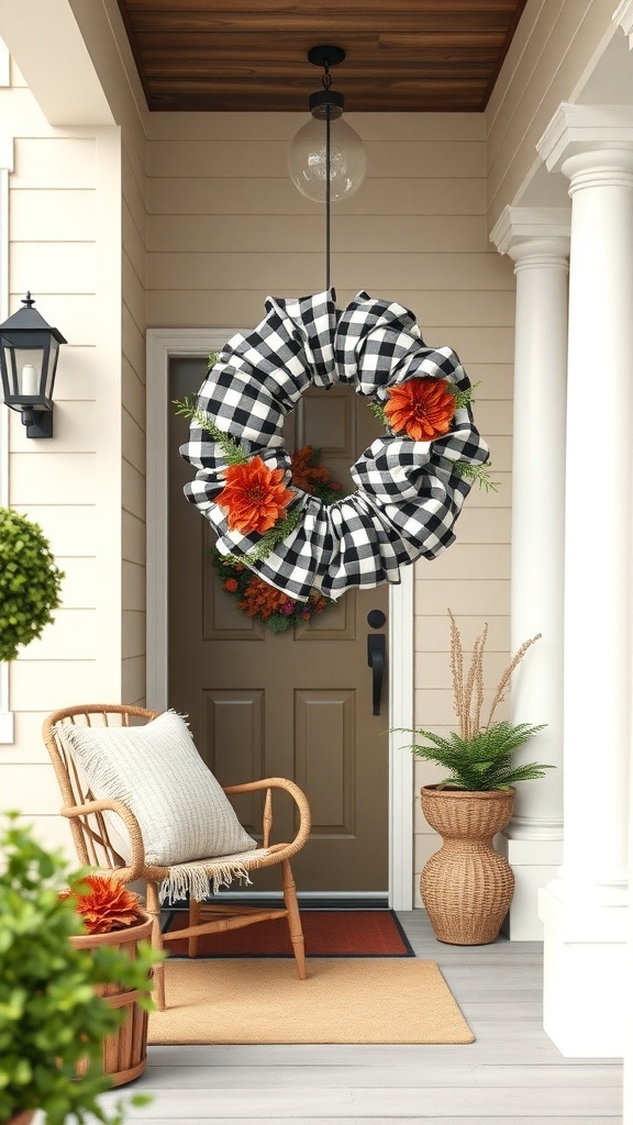 A gingham check rag wreath with orange flowers hanging on a front door.