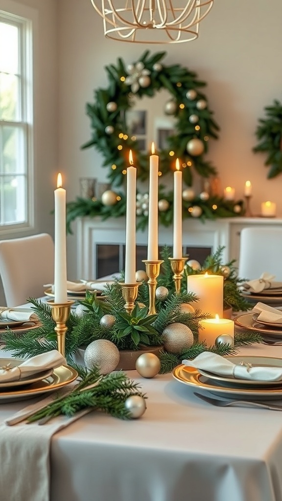 A beautifully decorated Christmas table centerpiece featuring tall candles, gold and silver ornaments, and fresh greenery.