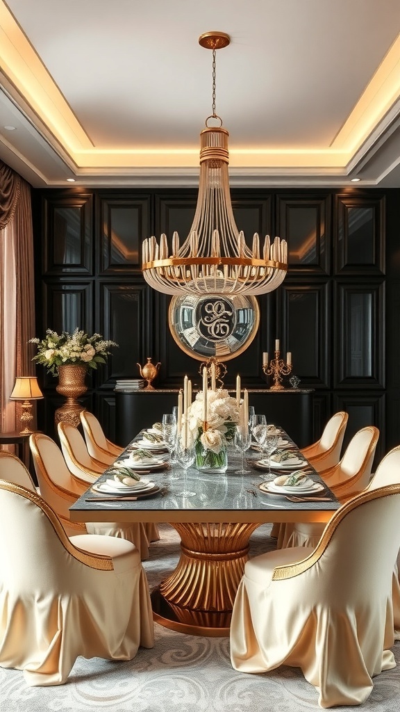 Glamorous dining room featuring a chandelier, gold accents, and elegant table settings.