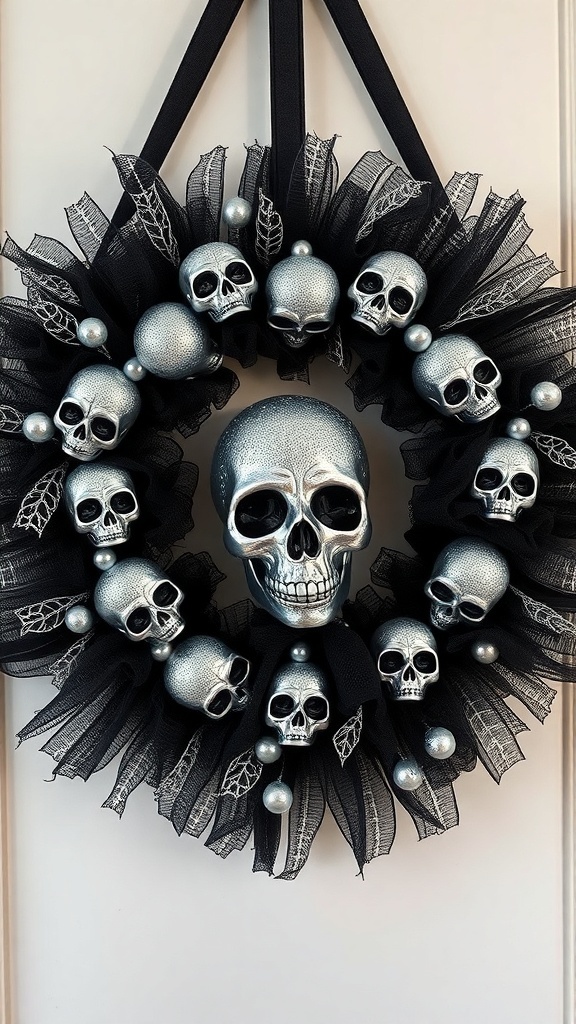 A glamorous Halloween wreath featuring silver glittered skulls and black tulle.