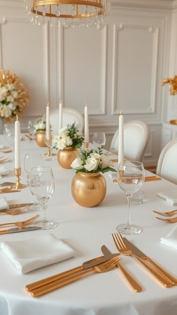 Elegant bridal shower table decoration featuring gold and white accents, floral arrangements, and candlelight.
