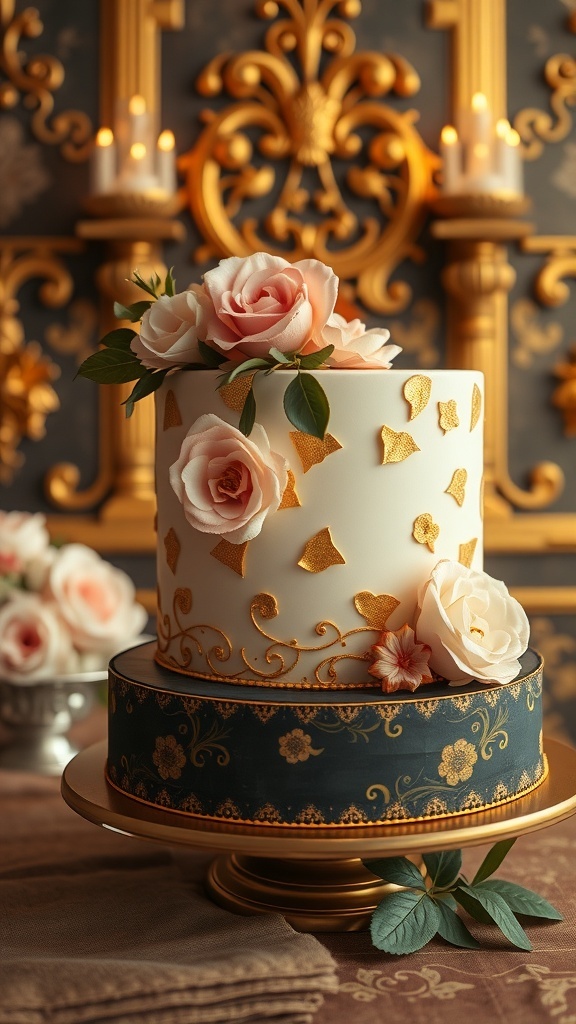 A two-tiered bridal shower cake decorated with gold leaf, roses, and a navy floral pattern.
