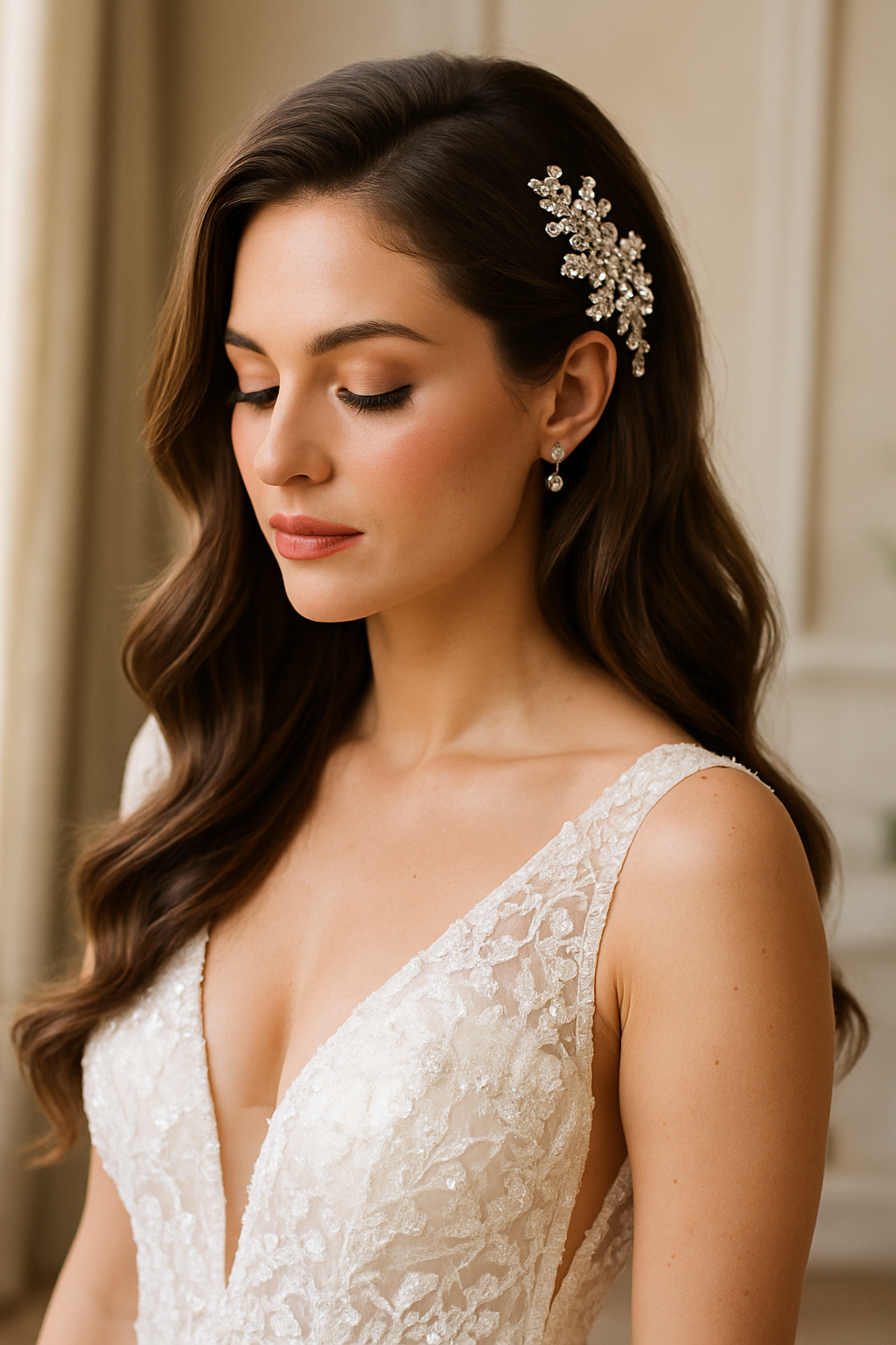 A woman with long, wavy hair adorned with a sparkling hair accessory, wearing a beautiful wedding dress.