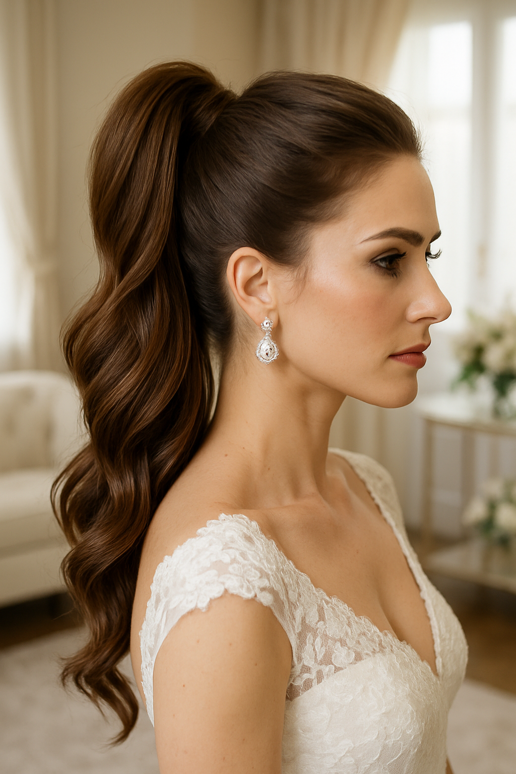 A bride with a glamorous high ponytail, featuring volume and elegant earrings, showcasing a romantic wedding hairstyle.