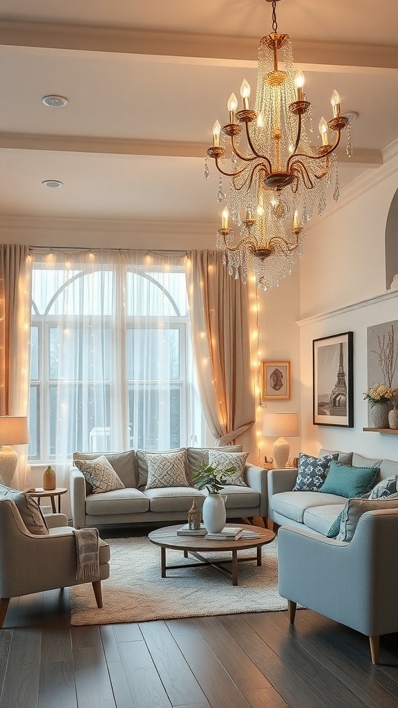 A cozy living room decorated with warm holiday lighting, featuring a chandelier and string lights.