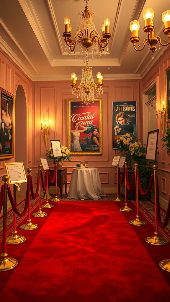 An elegant entryway with a red carpet, chandeliers, and vintage movie posters, creating a glamorous Hollywood theme for a bridal shower.