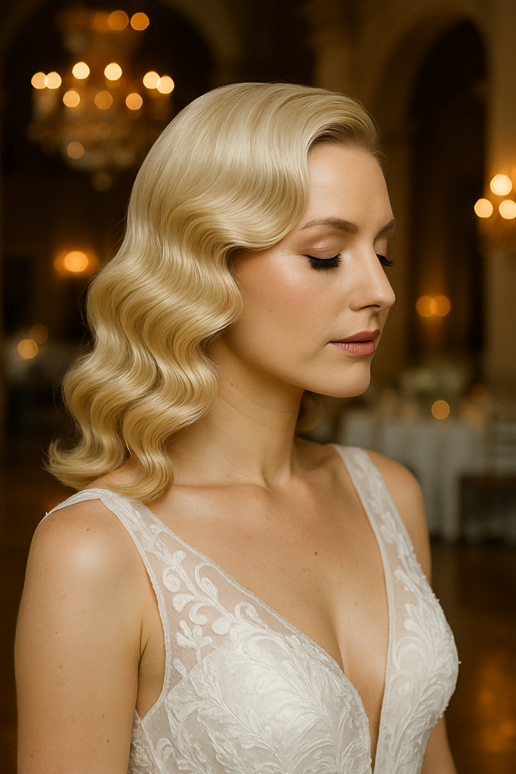 Bride with glamorous Hollywood waves hairstyle, showcasing elegant curls and a sophisticated look.