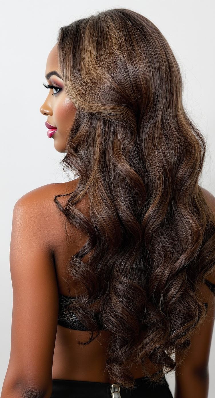 A woman with long, glamorous Hollywood waves hairstyle, showcasing soft curls and a beautiful shine.