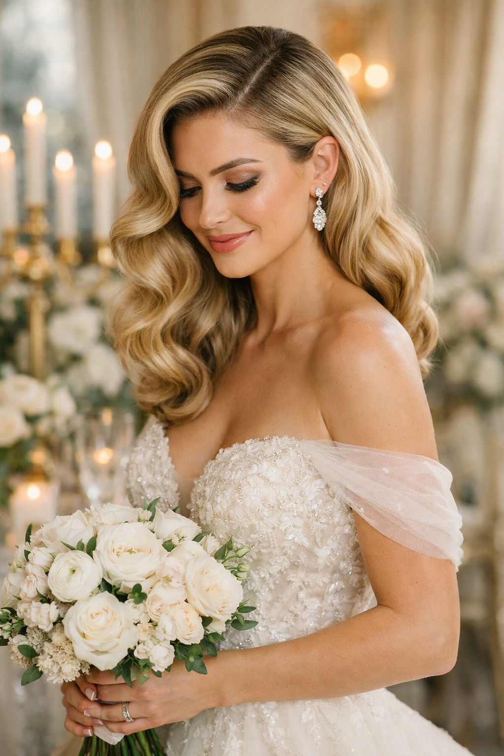 A woman with glamorous Hollywood waves and deep side bangs, holding a bouquet, looking elegant and sophisticated.