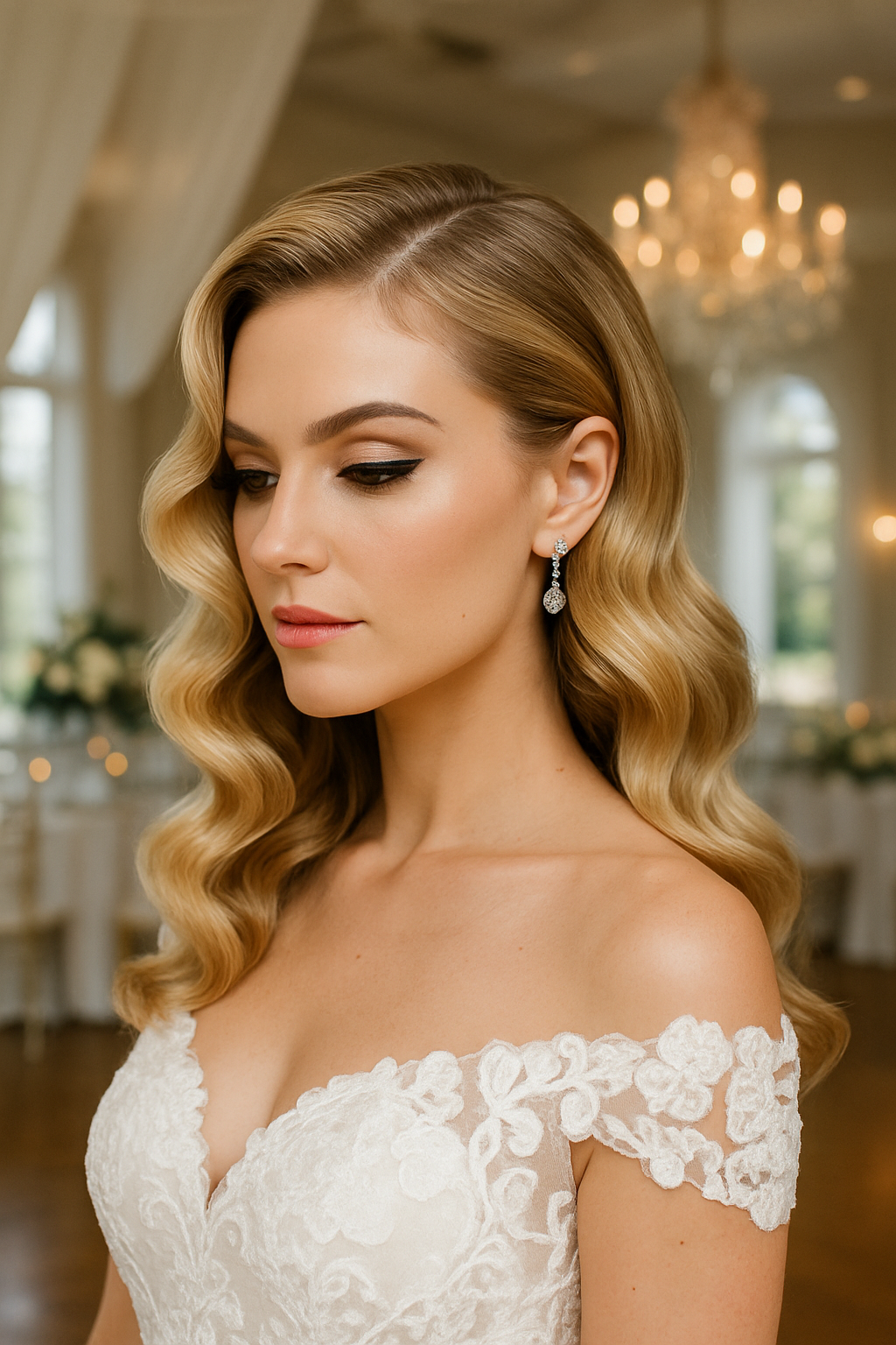 A bride with glamorous Hollywood waves styled in a side part, wearing elegant earrings and a lace wedding dress.