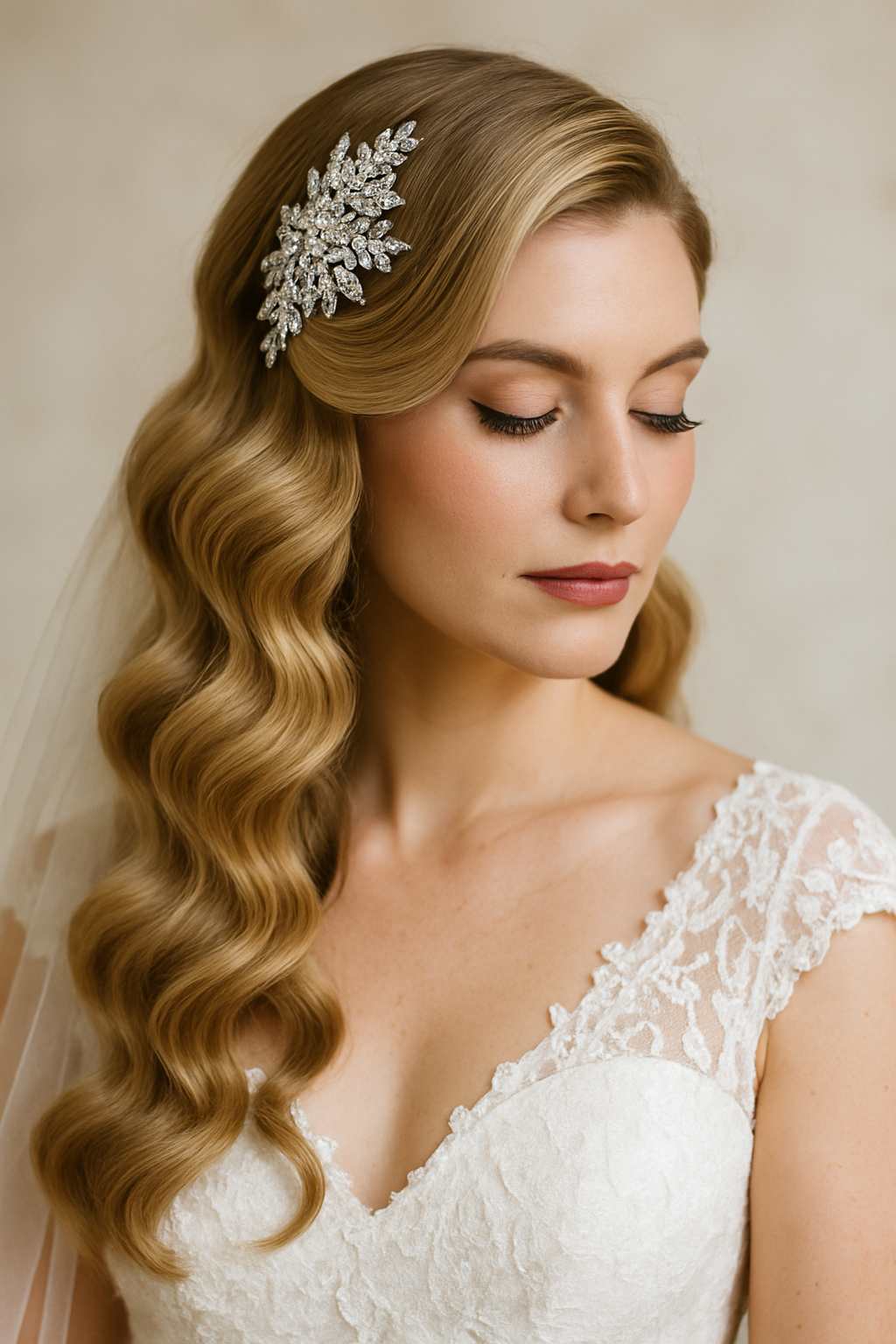 A bride with glamorous Hollywood waves and a sparkling fascinator, showcasing an elegant hairstyle.