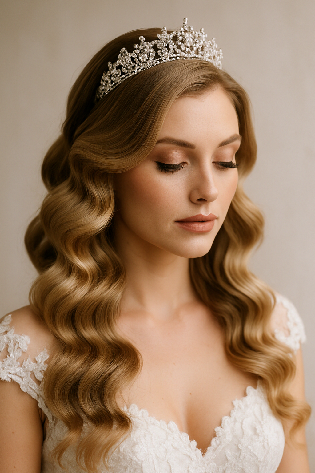 Bride with glamorous Hollywood waves and a sparkling tiara
