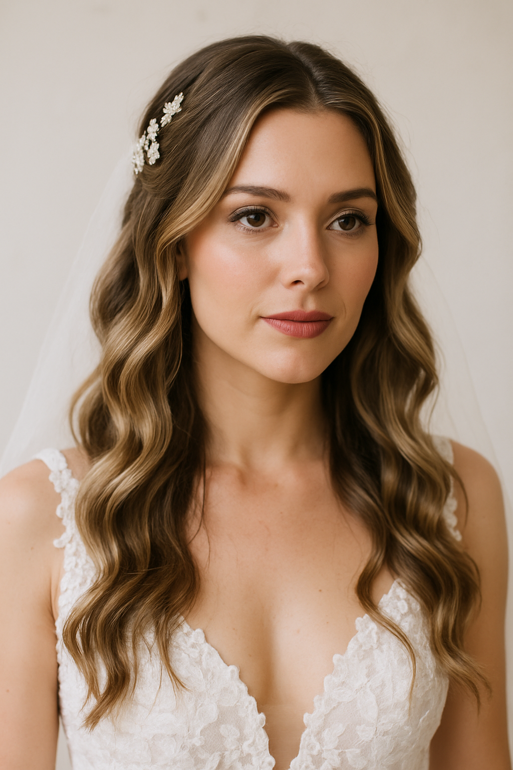 A bride with glamorous loose waves and decorative hairpins.