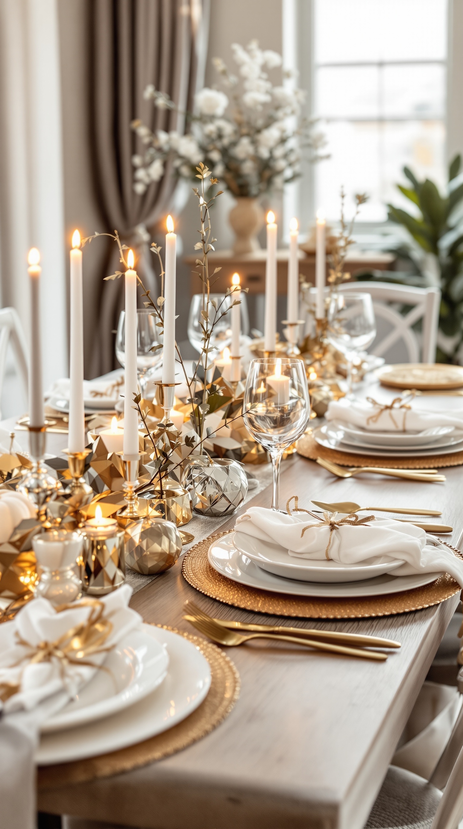 A beautifully arranged Thanksgiving table featuring metallic accents, elegant tableware, and candles.
