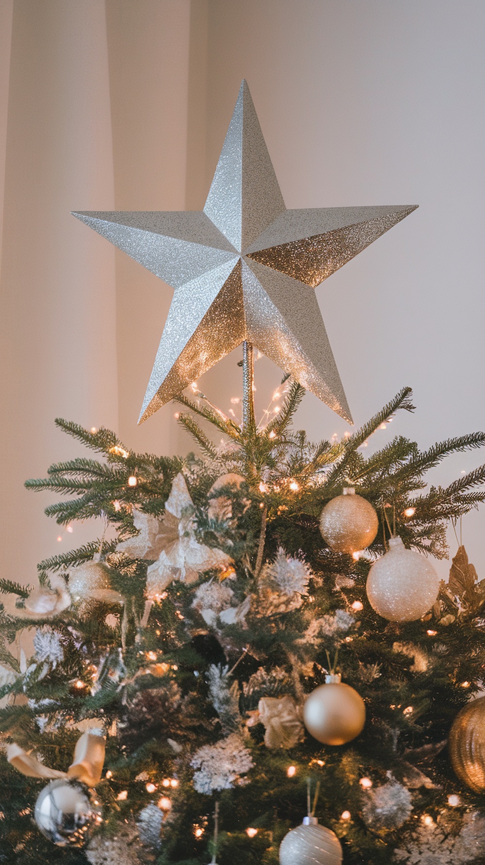 A glamorous silver star tree topper on a Christmas tree adorned with golden ornaments and lights.