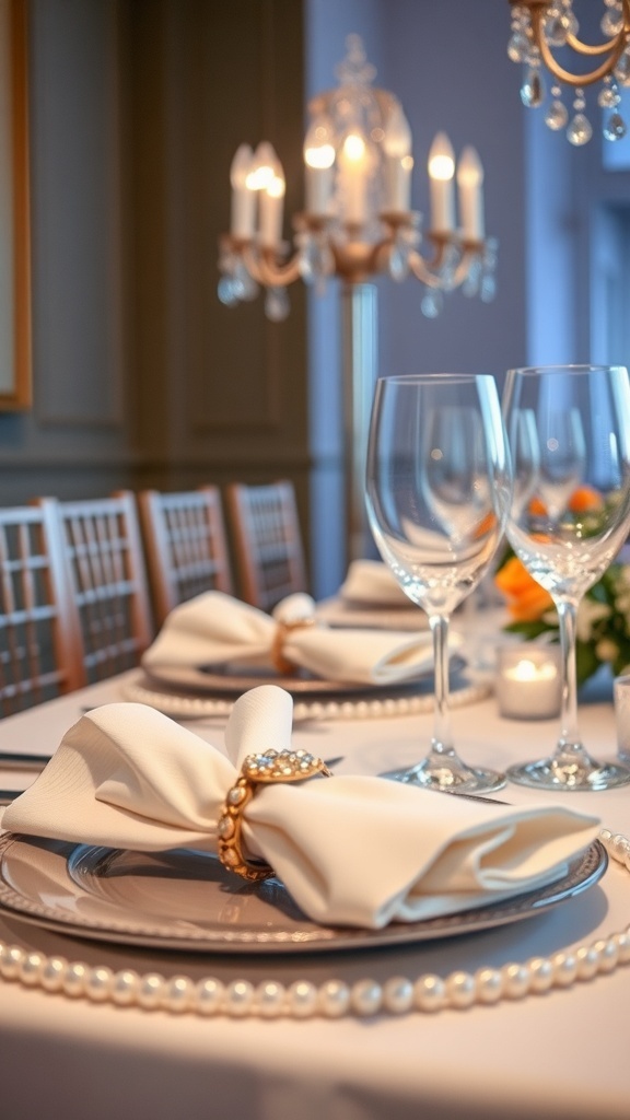 Elegant table settings for a pearl-themed bridal shower.