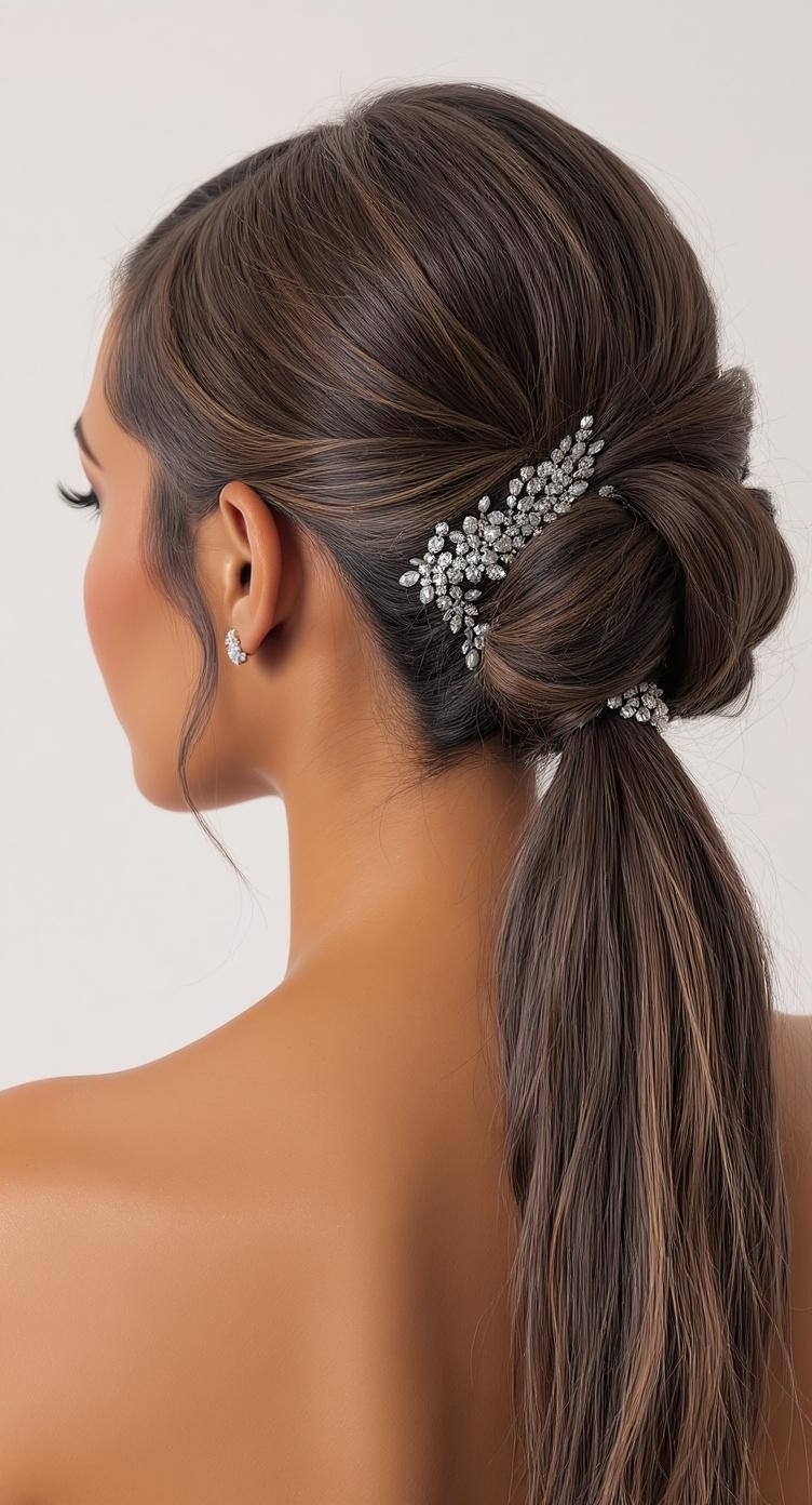 A glamorous ponytail hairstyle adorned with crystal embellishments, showcasing elegance and style.