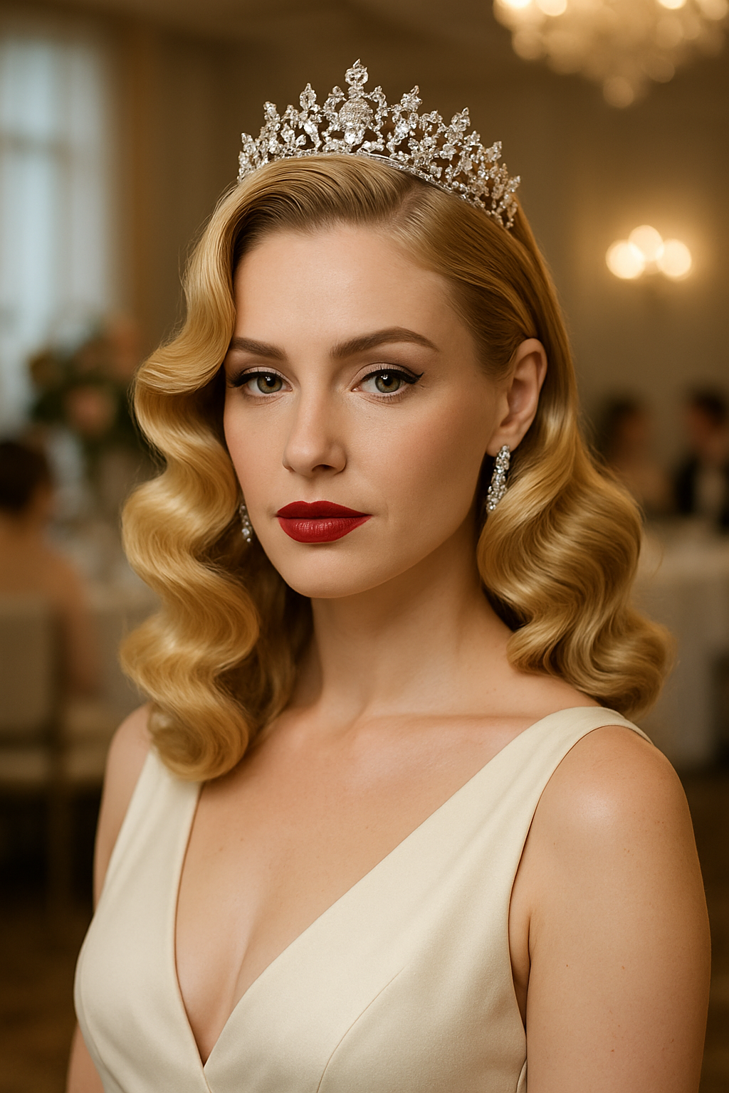 A bride with glamorous retro waves and a rhinestone crown, showcasing a classic wedding hairstyle.