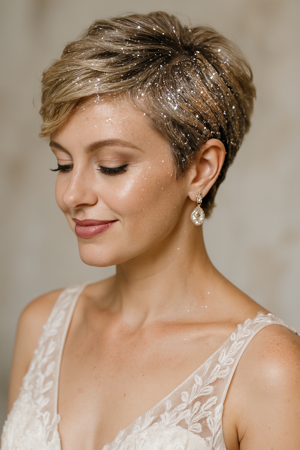 A bride with short hair styled elegantly and adorned with glitter, wearing a beautiful dress and earrings.