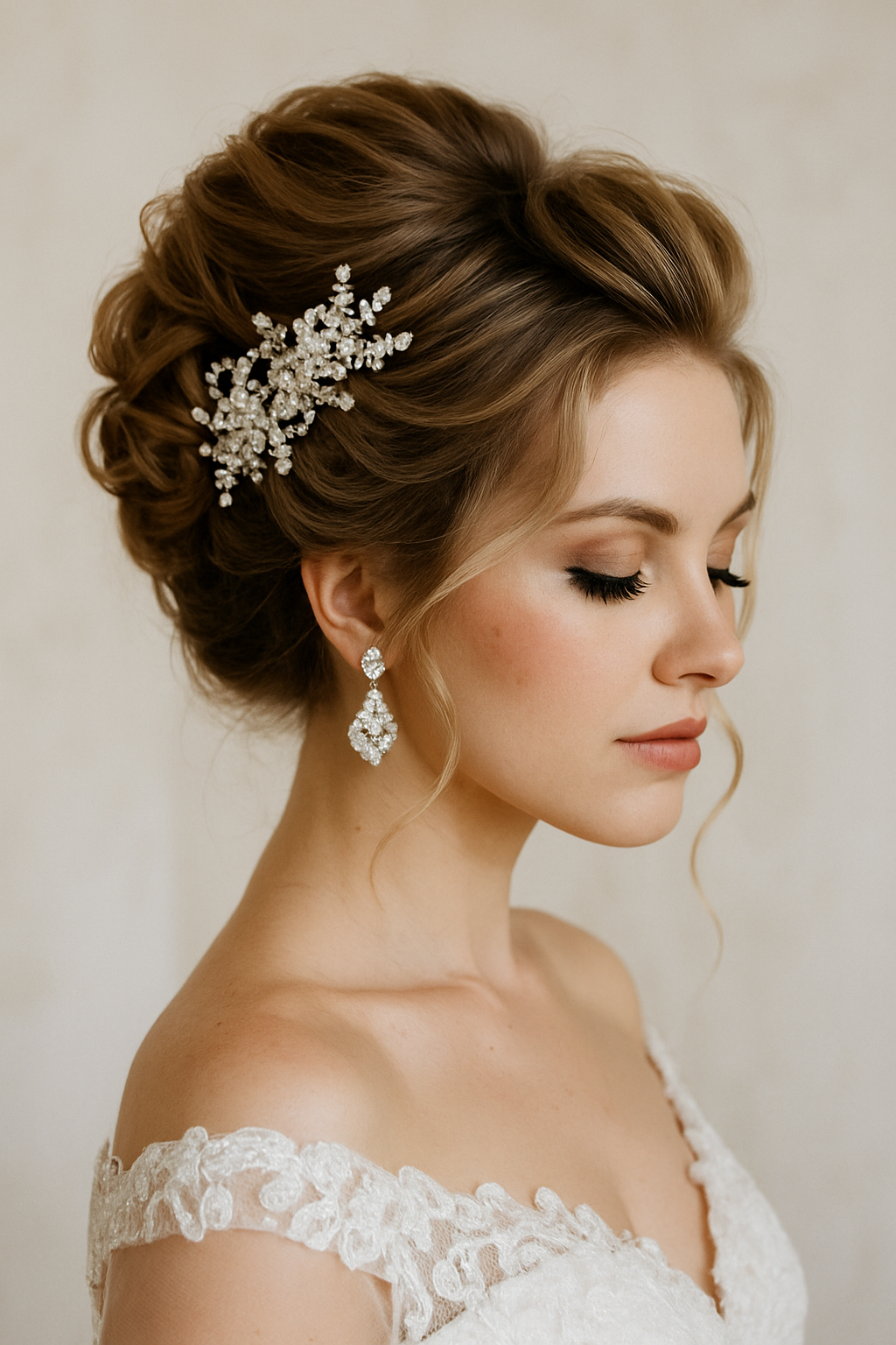 A bride with a glamorous updo hairstyle adorned with jewels, wearing elegant earrings and soft makeup.