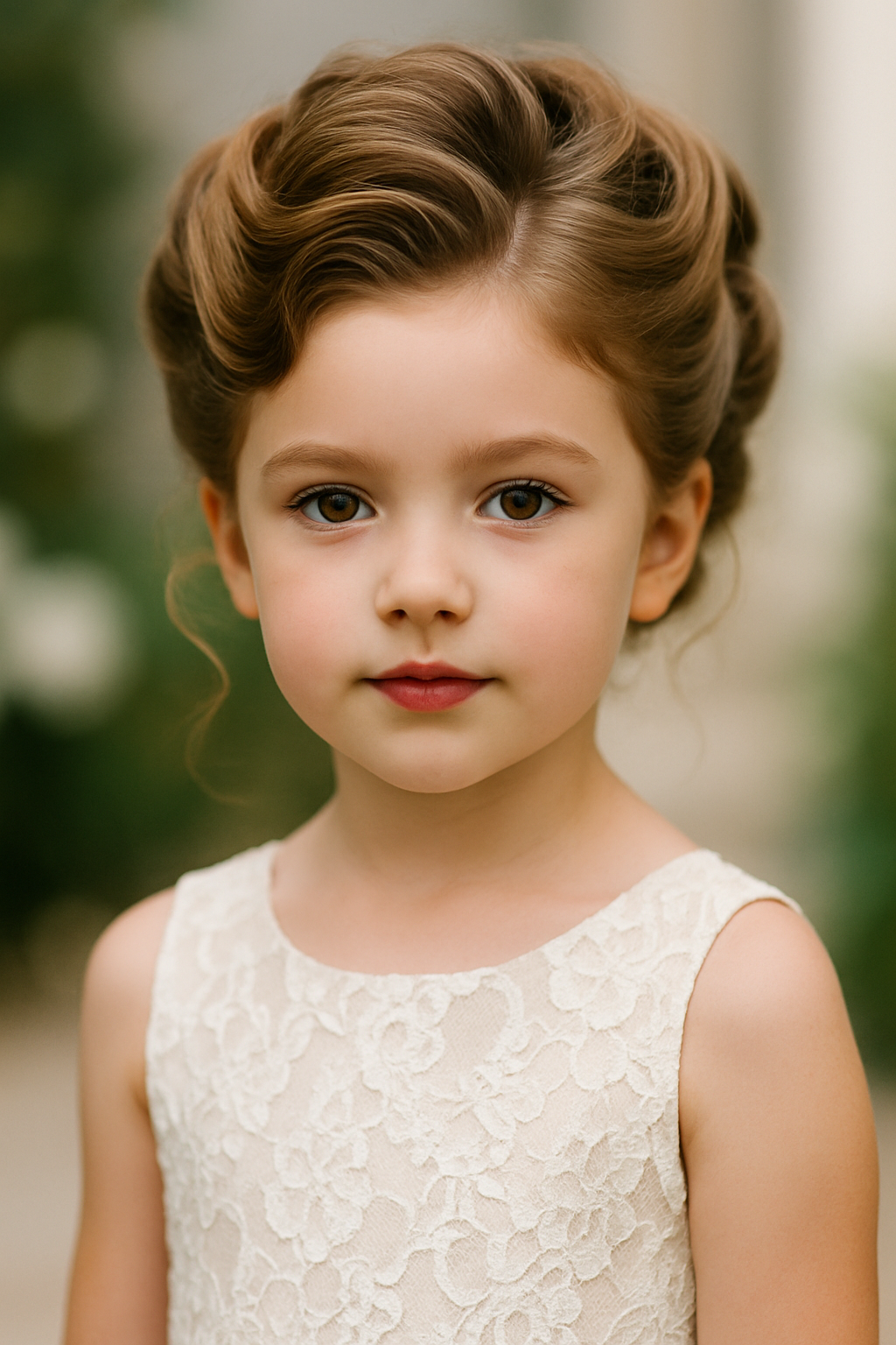 A young girl with a glamorous vintage updo hairstyle, wearing a lace dress.
