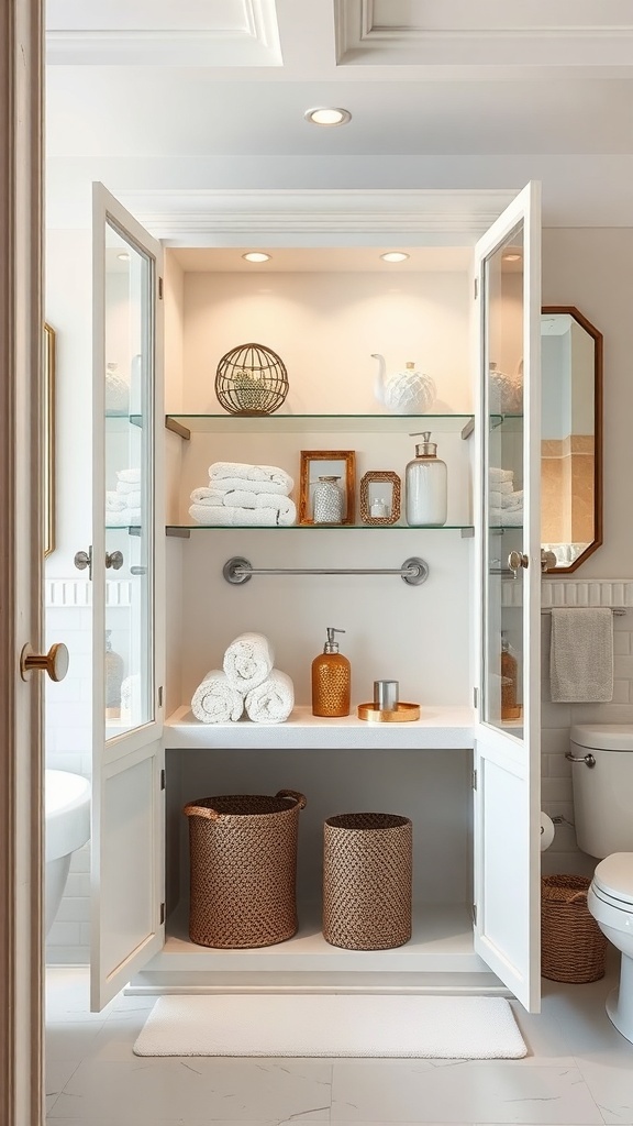 A beautifully designed glass-front cabinet in a bathroom, showcasing neatly arranged towels and decorative items with warm lighting.