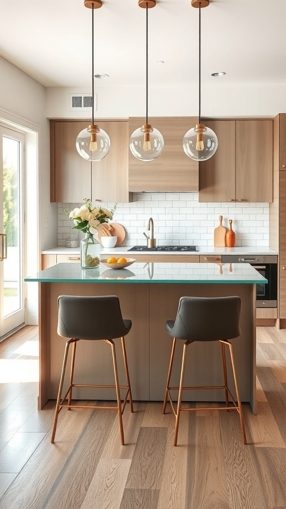 A modern kitchen featuring a glass-top island with bar stools and stylish pendant lights.