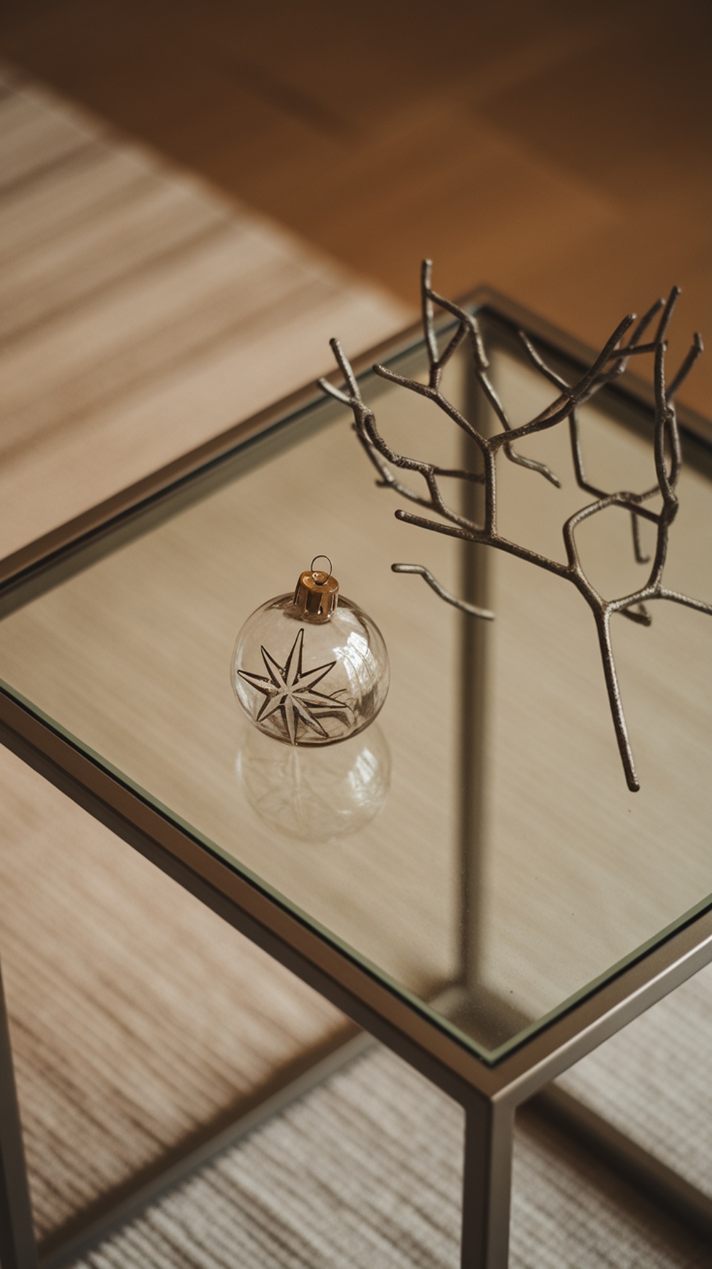 A clear glass ornament with a star design next to a metal branch on a glass table.