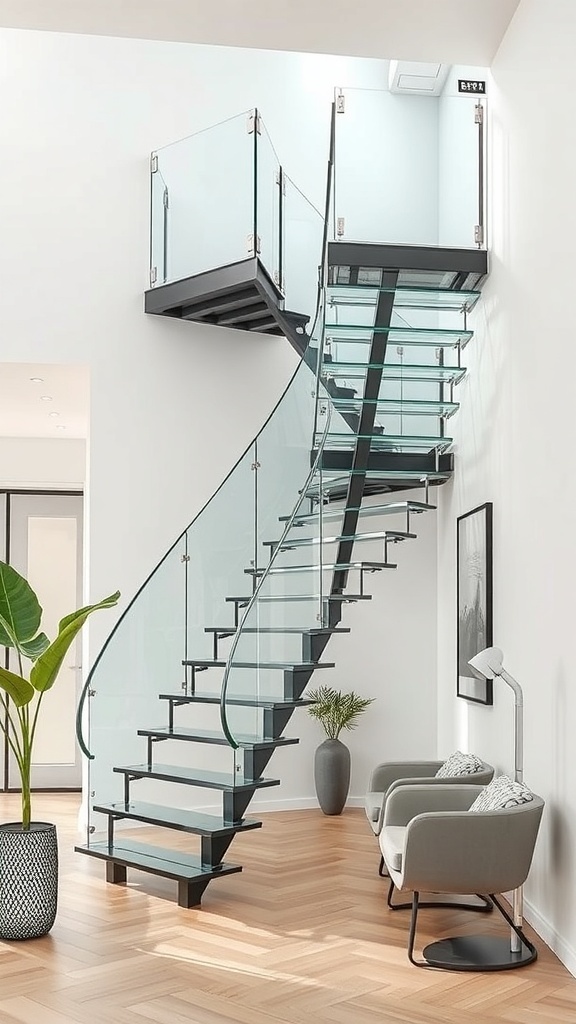 A modern glass and steel staircase with a spiral design, featuring a glass railing and surrounded by indoor plants.