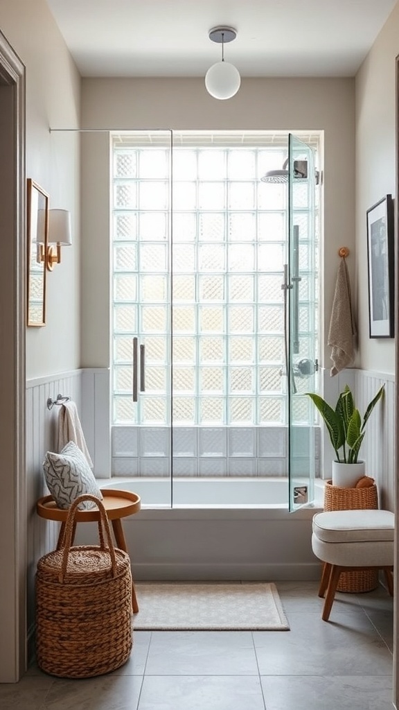A stylish bathroom featuring a glass block wall for a stand-up shower, showcasing modern decor and a light, airy feel.