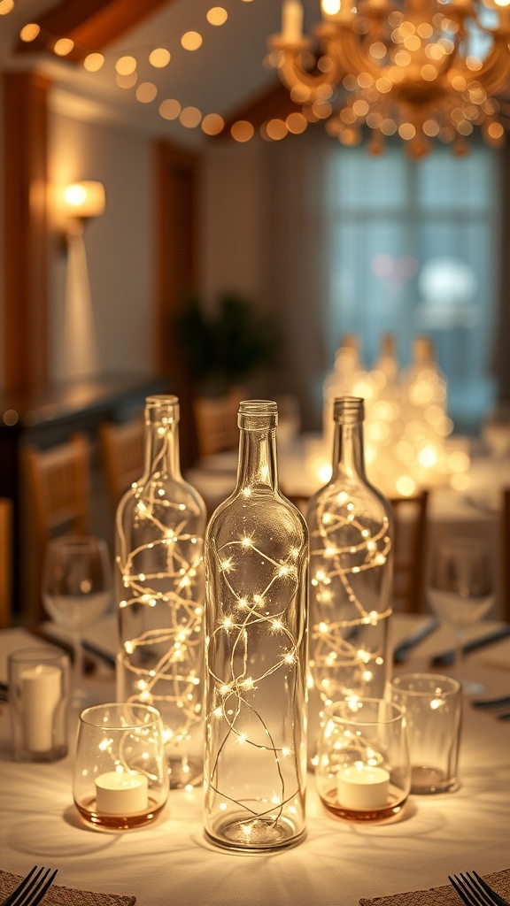 A wedding table featuring glass bottles filled with twinkling lights, surrounded by small candles