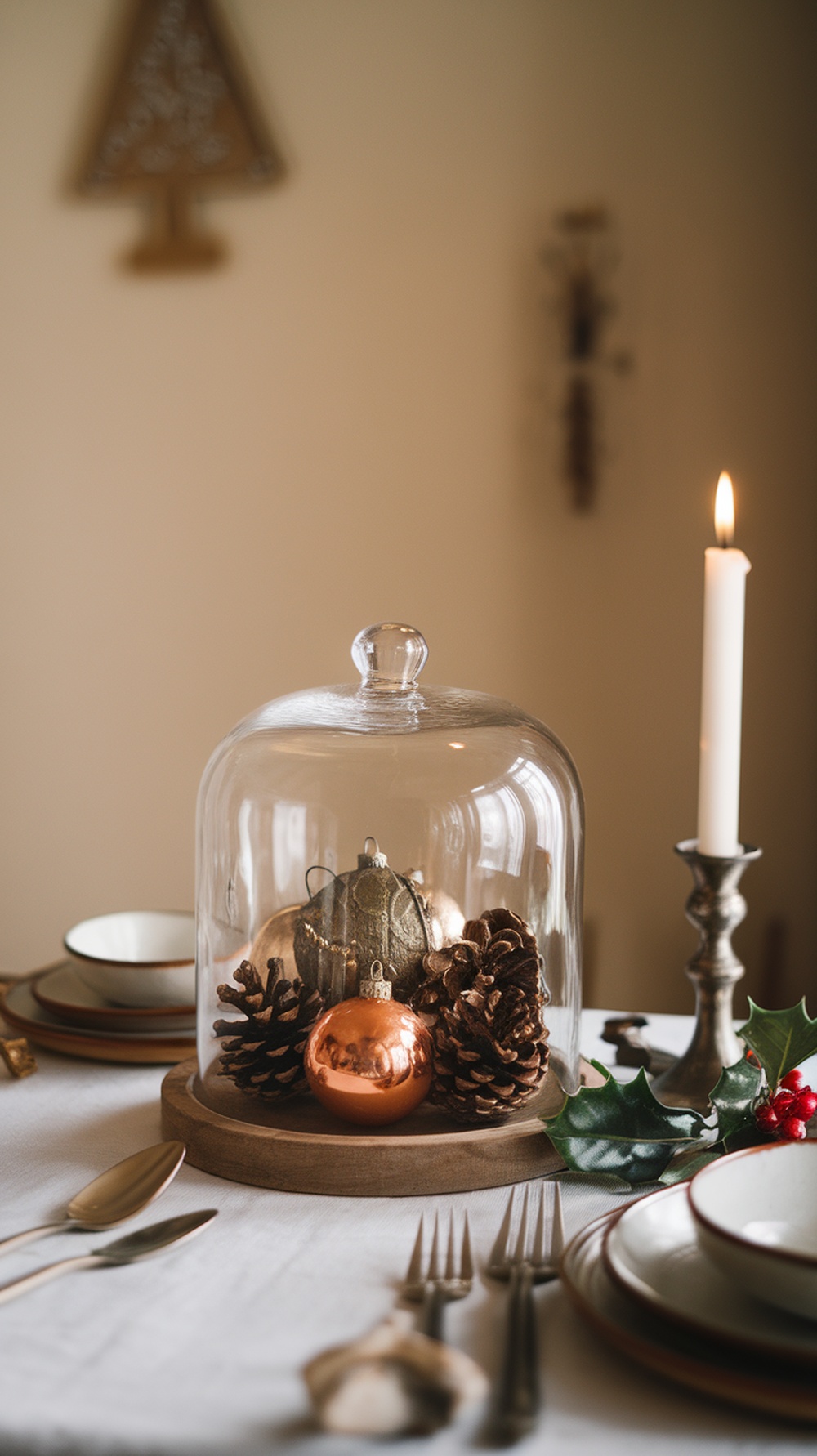 A glass cloche displaying pinecones and ornaments on a table with a candle and holiday decor.