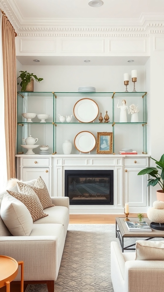 A stylish living room featuring glass corner shelves with decorative items and a cozy seating area.