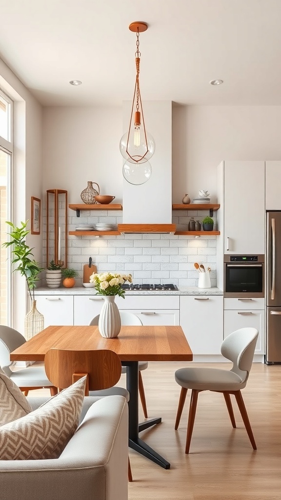 A modern kitchen featuring a glass pendant light, wooden table, and white cabinetry.