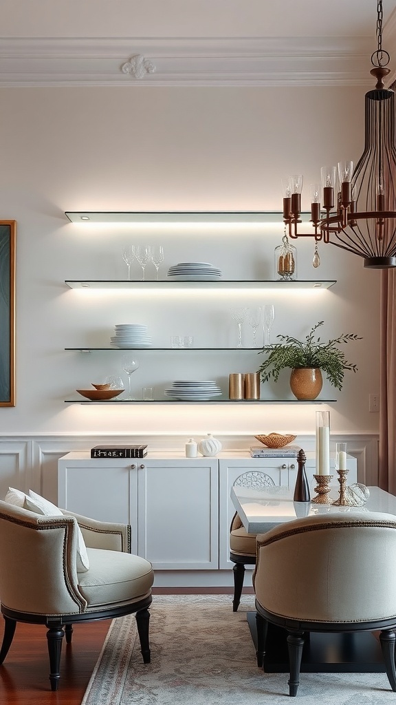 A stylish arrangement of glass floating shelves with illuminated lighting, displaying elegant tableware and decorative items.