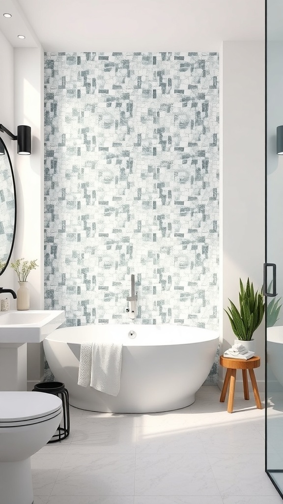 A modern bathroom featuring a glass mosaic tile accent wall in soft blues and whites, with a freestanding bathtub and minimalistic decor.