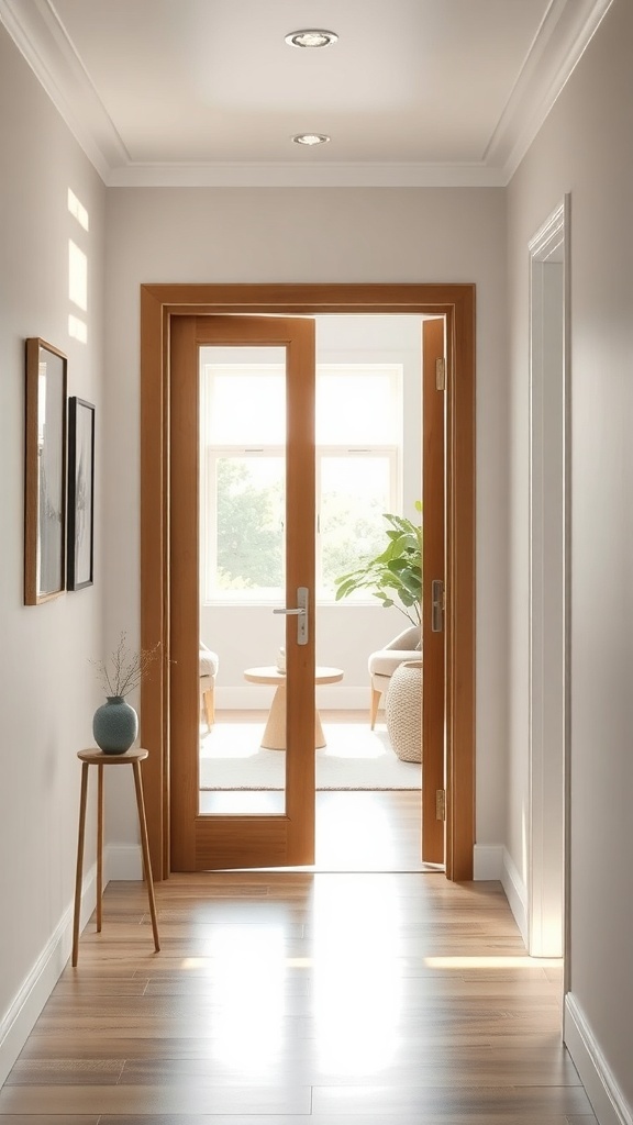A bright hallway featuring a glass panel door with wooden casing, leading to a cozy living area.
