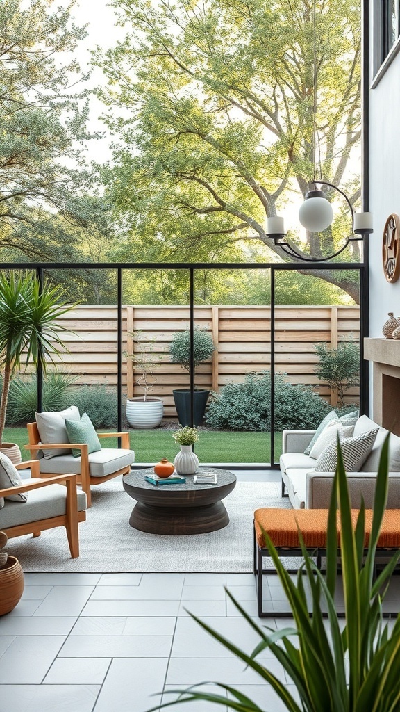 A modern outdoor space featuring a glass panel fence, with comfortable seating and lush greenery in the background.