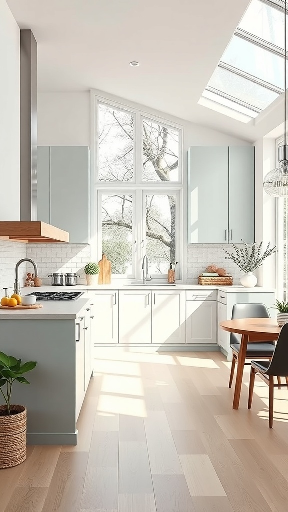 A modern kitchen featuring large glass windows and a skylight, creating a bright and airy atmosphere.