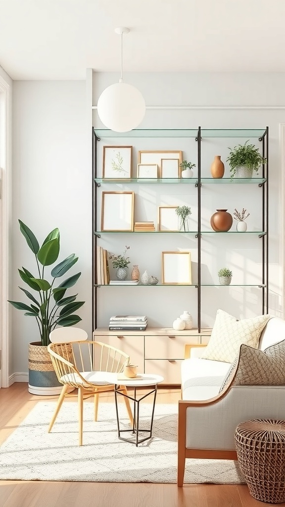 A modern living room with glass shelves displaying decorative items, plants, and framed art.