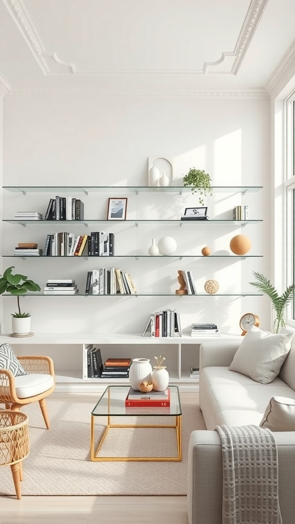 A modern living room featuring glass shelves with books and decorative items, creating a light and airy atmosphere.