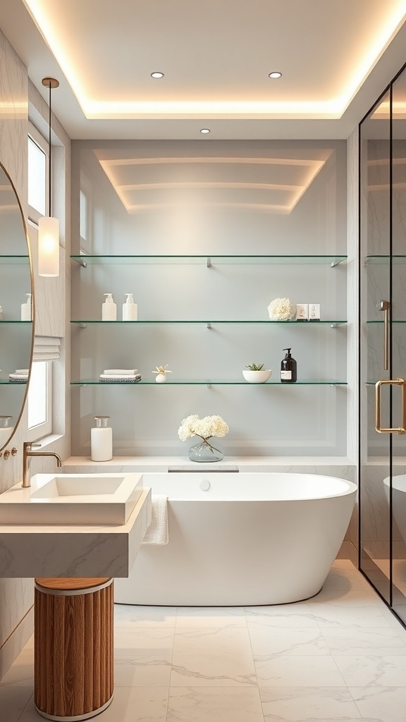 Elegant bathroom with glass shelves, modern tub, and stylish decor.