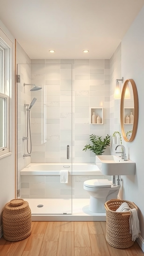 Small bathroom featuring a glass shower enclosure with modern design and light colors.