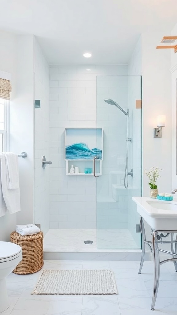 A bright coastal bathroom featuring a glass shower enclosure, white tiles, and ocean-themed decor.