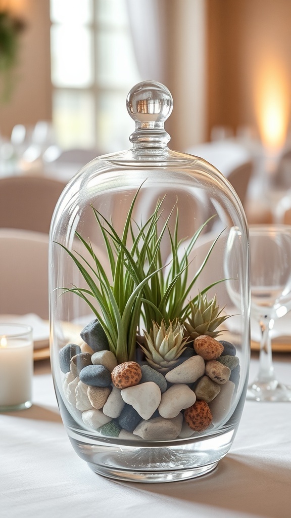 A glass terrarium containing air plants and colorful stones, elegantly displayed as a wedding centerpiece.